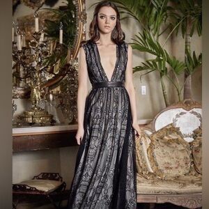 Alice + Olivia Sybil Maxi Dress lamb leather and lace